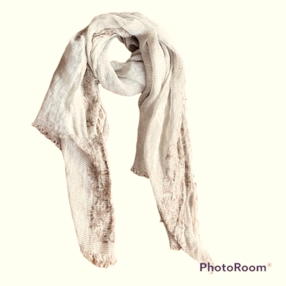 Siete Linen Raw Edged Embroidered Striped Wrap or Scarf